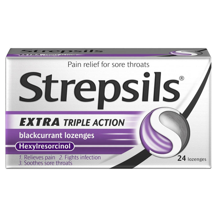 Strepsils Extra Triple Action Brackcurrant Lezenges pour maux de gorge 24 par paquet