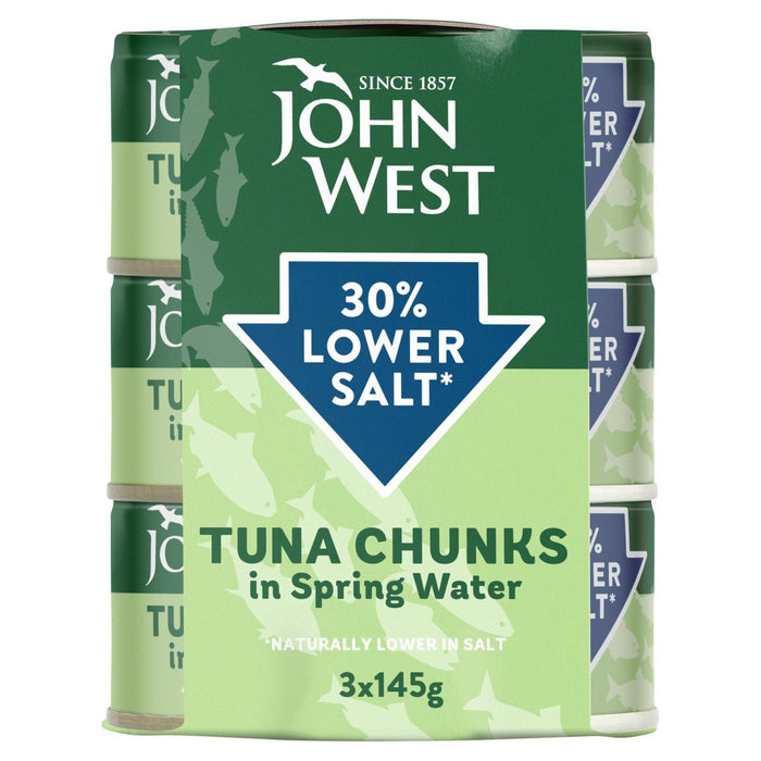 Chunes de thon à sel inférieur John West dans l'eau de printemps 3 x 145g
