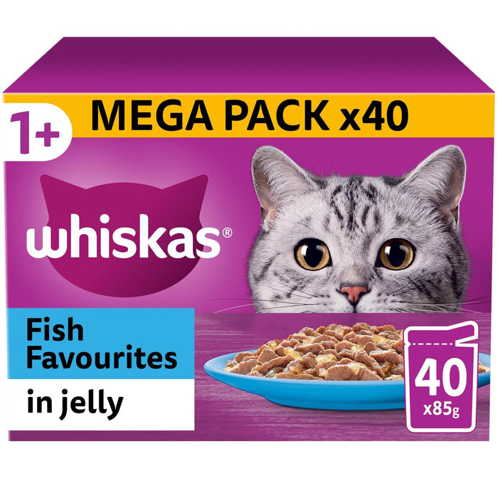 Whiskas 1+ Erwachsene nasse Katzenfutterbeutel Fischfavoriten in Gelee 40 x 85 g