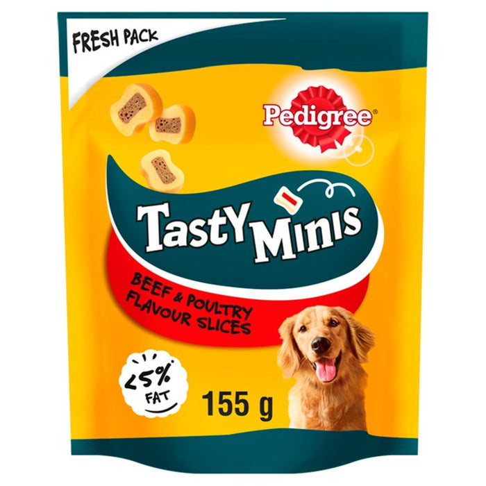 Pedigree Tasty Minis Dog para perros adultos rodajas masticables con carne de res y aves de corral 155G