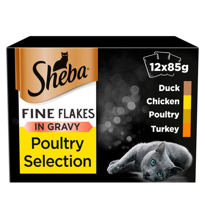 Sheba fina flake adulto 1+ bolsas de comida de gato húmedo salsa de aves de corral 12 x 85g